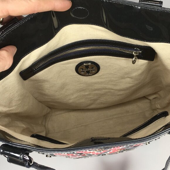 Tory Burch Quilted Pattern Studded Large Multicolor Geometric Patent Tote Bag - Picture 10 of 12